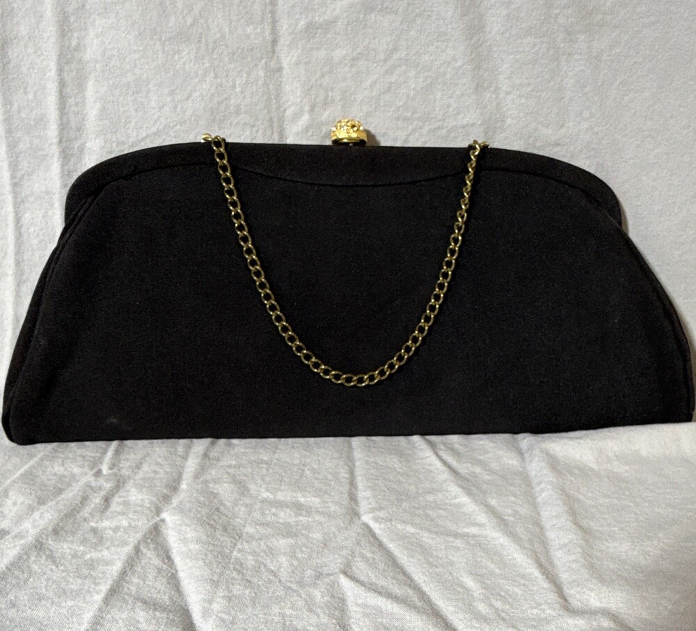 Admiral, Black Clutch Evening Bag, Gold Chain Strap Rhinestone Clasp